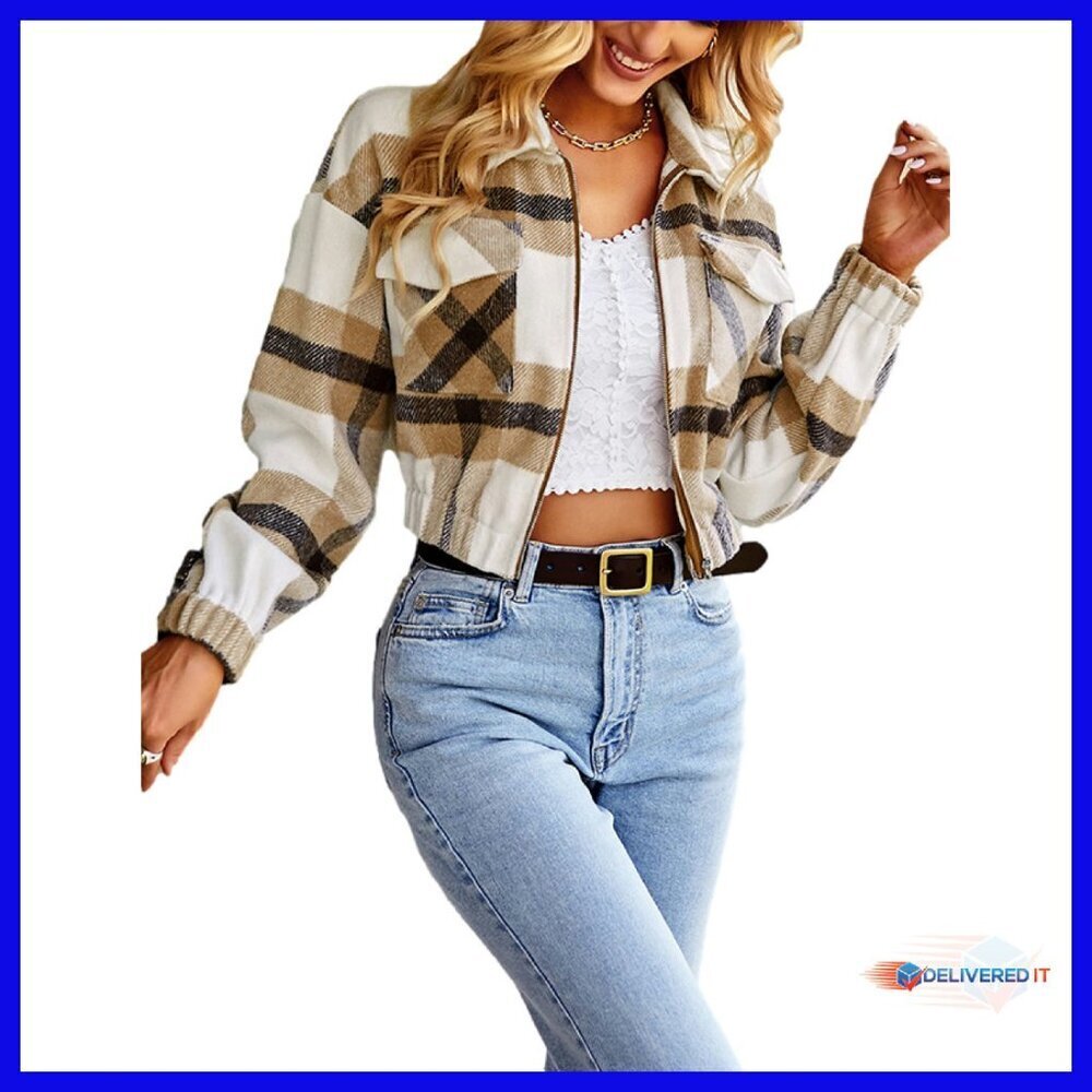 Cropped Flannel Shacket Zip Up with Pockets Women's Casual Jacket